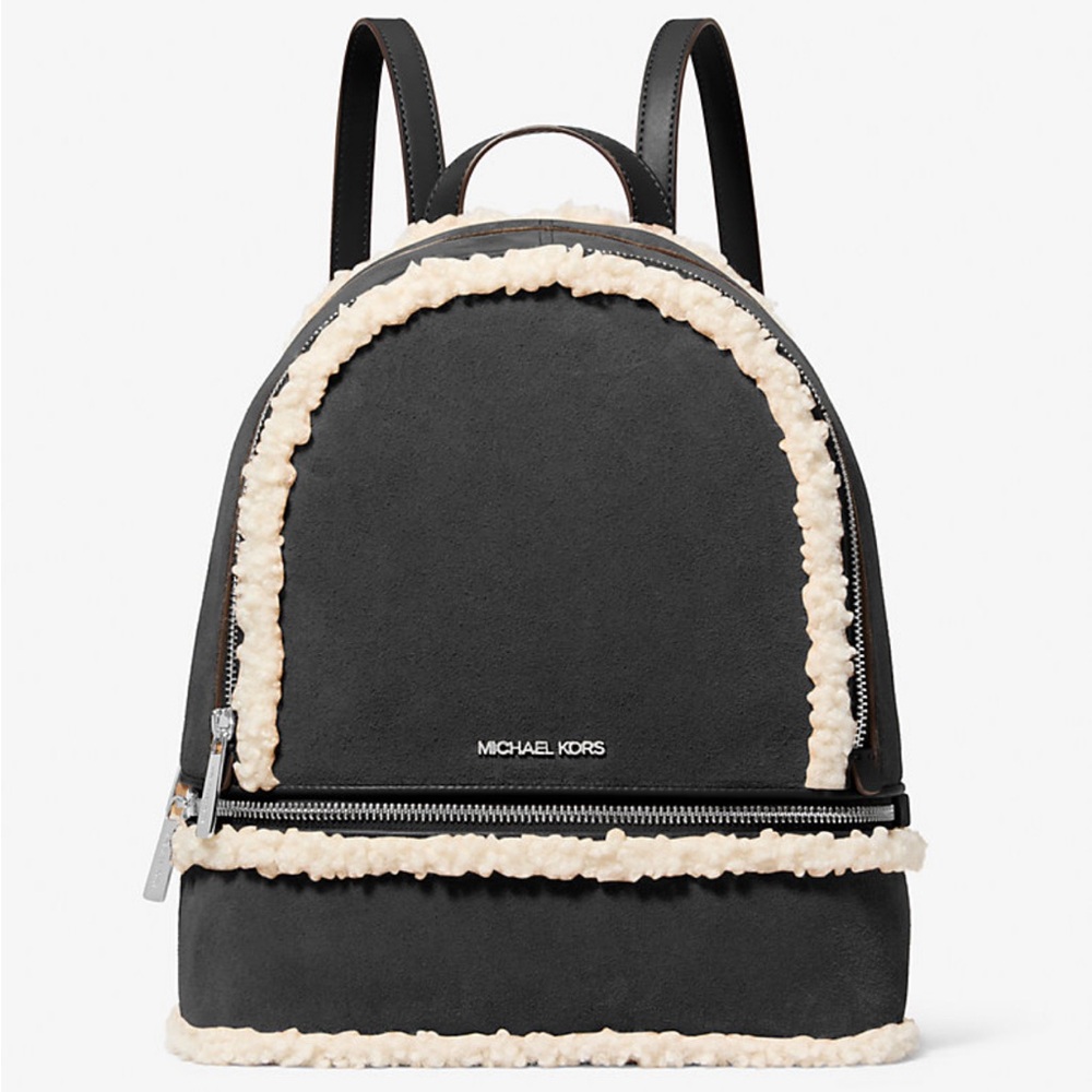 Michael Kors Rhea Medium Suede Leather and Faux Shearling Backpack in Black